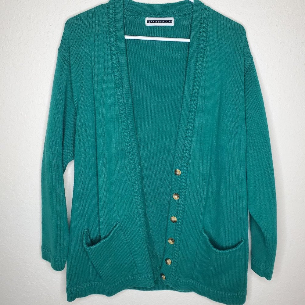 Jennifer Moore, Green Knit Cardigan